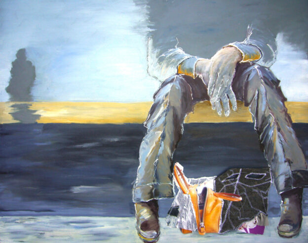 85<>Waiting<>Oil, tissu and mixed media on canvas<>80x100 cm<>Sold