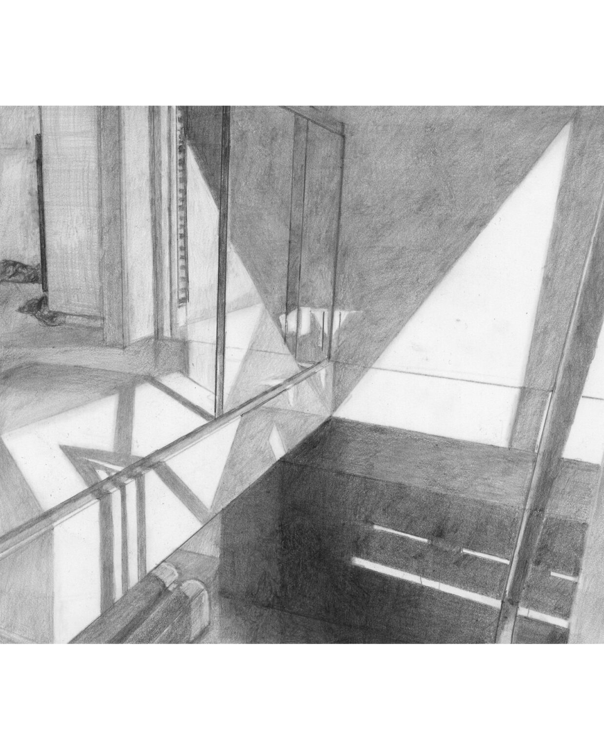 STAIRS, GLASS BALUSTRADE,  pencil on stone-paper, 15x17cm, 2022