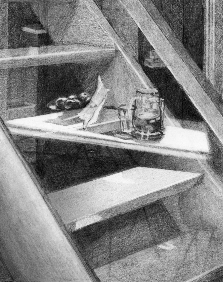 Table, glass balustrade, pencil on stone paper, 15x12 cm