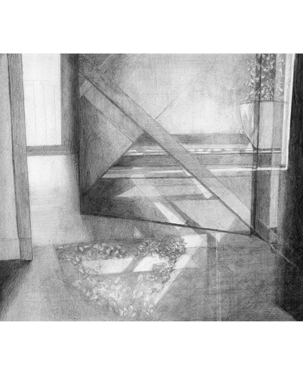 DOOR, GLASS BALUSTRADE,  pencil on stonepaper 15x17cm 2023