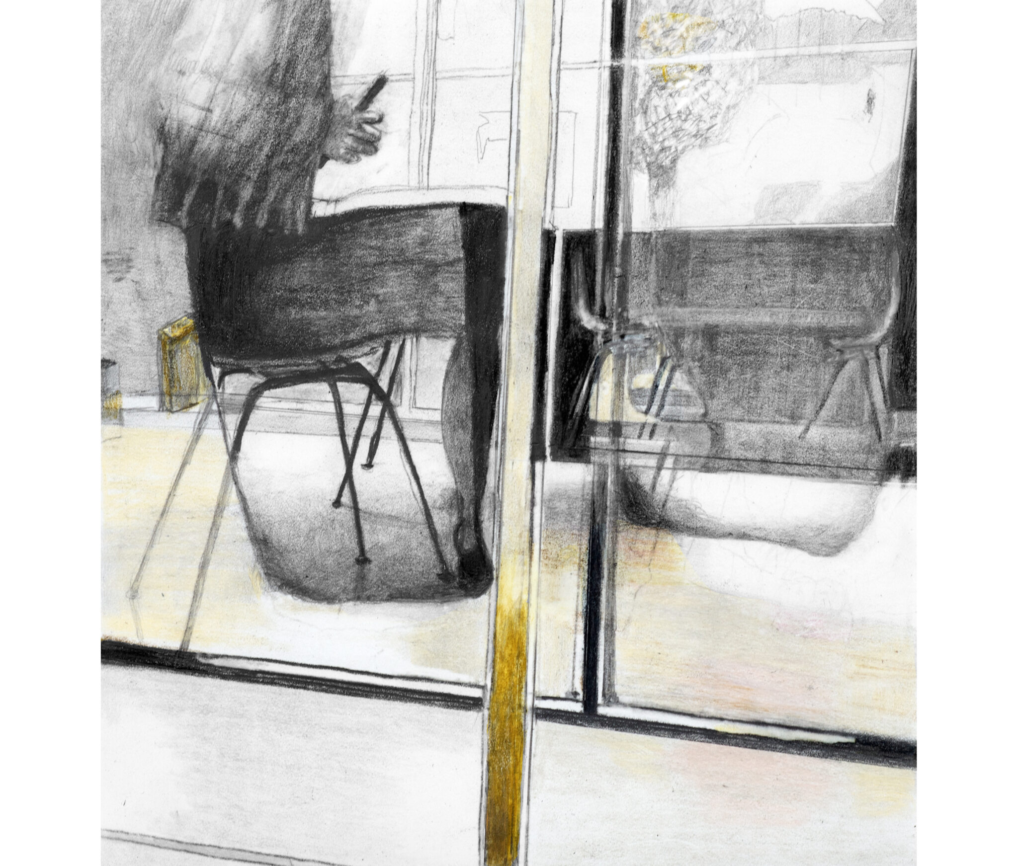 BEHIND GLASS (colored)pencil on stone paper, 15x15cm, 2024
