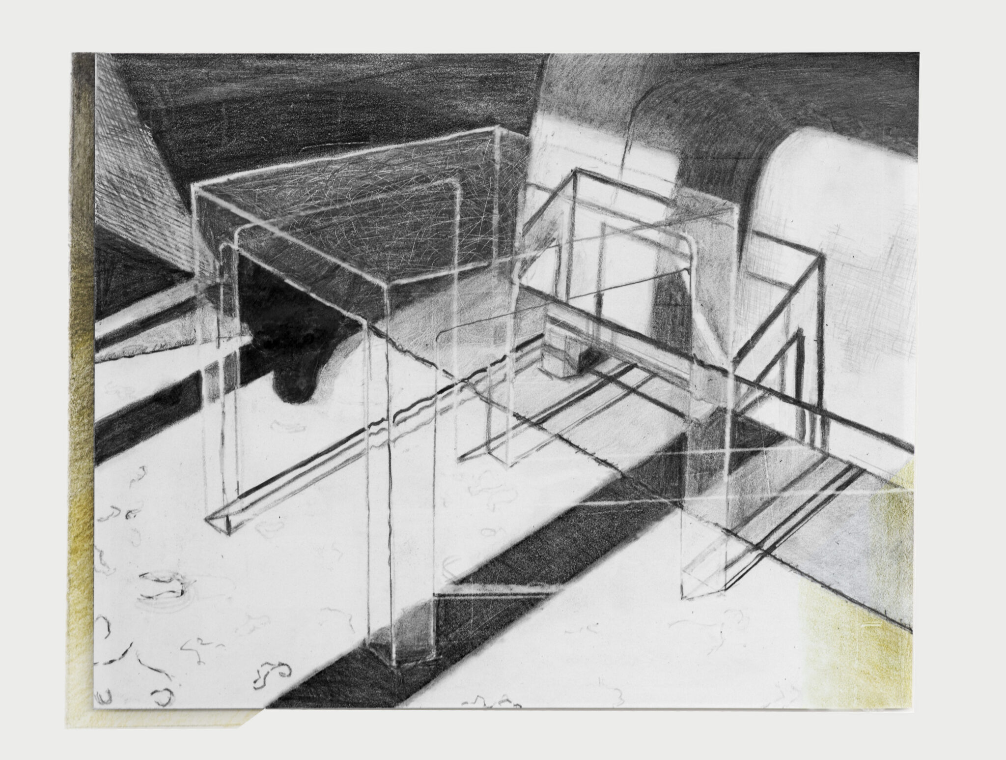 INDOOR LANDSCAPE 1, (colour)pencil on stone paper, collage, 15x26,5cm