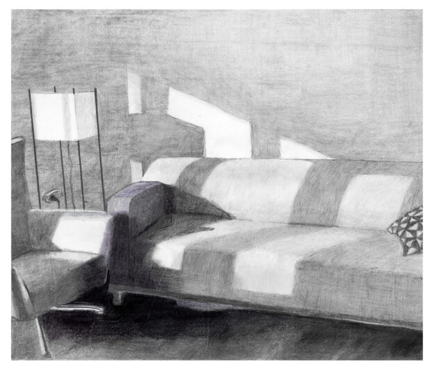 END OF THE DAY, pencil on stone paper, 18x21 cm, 2024