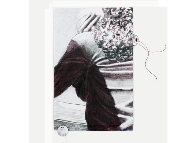 FOLDS, (colour)pencil on stone paper, 15,5x9,5 cm. On foam on cardboard carrier, 42x29,7 cm. 2024