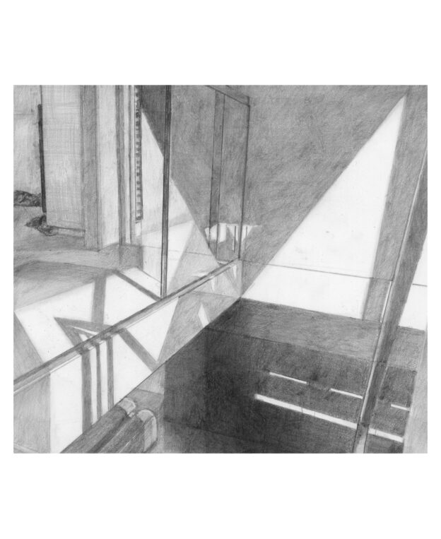 STAIRS, GLASS BALUSTRADE,  pencil on stone-paper, 15x17cm, 2022