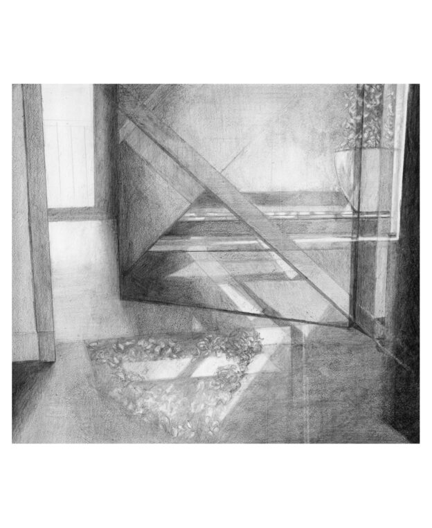 DOOR, GLASS BALUSTRADE,  pencil on stonepaper 15x17cm 2023