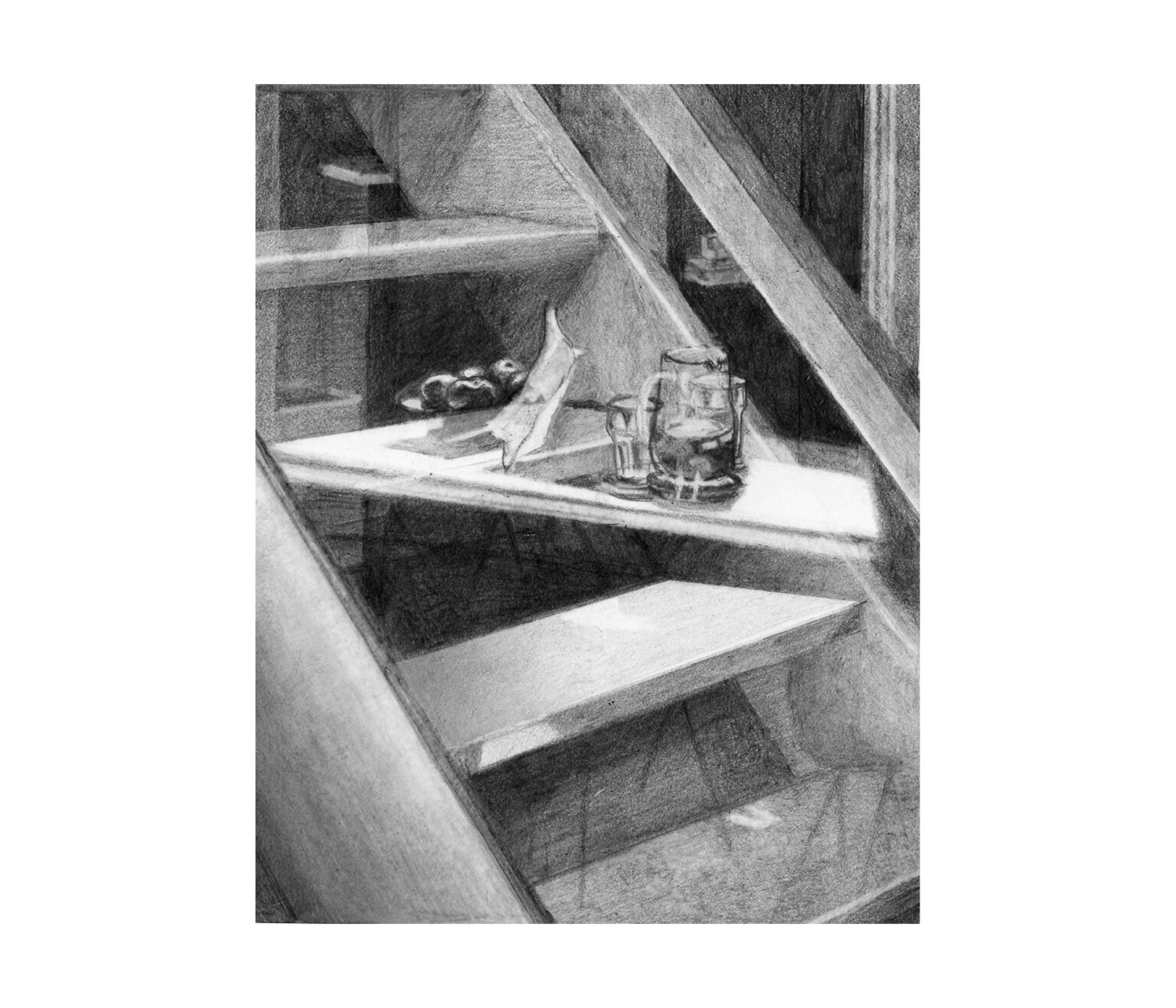 TABLE, GLASS BALUSTRADE, pencil on stone paper, 15x12 cm, 2023