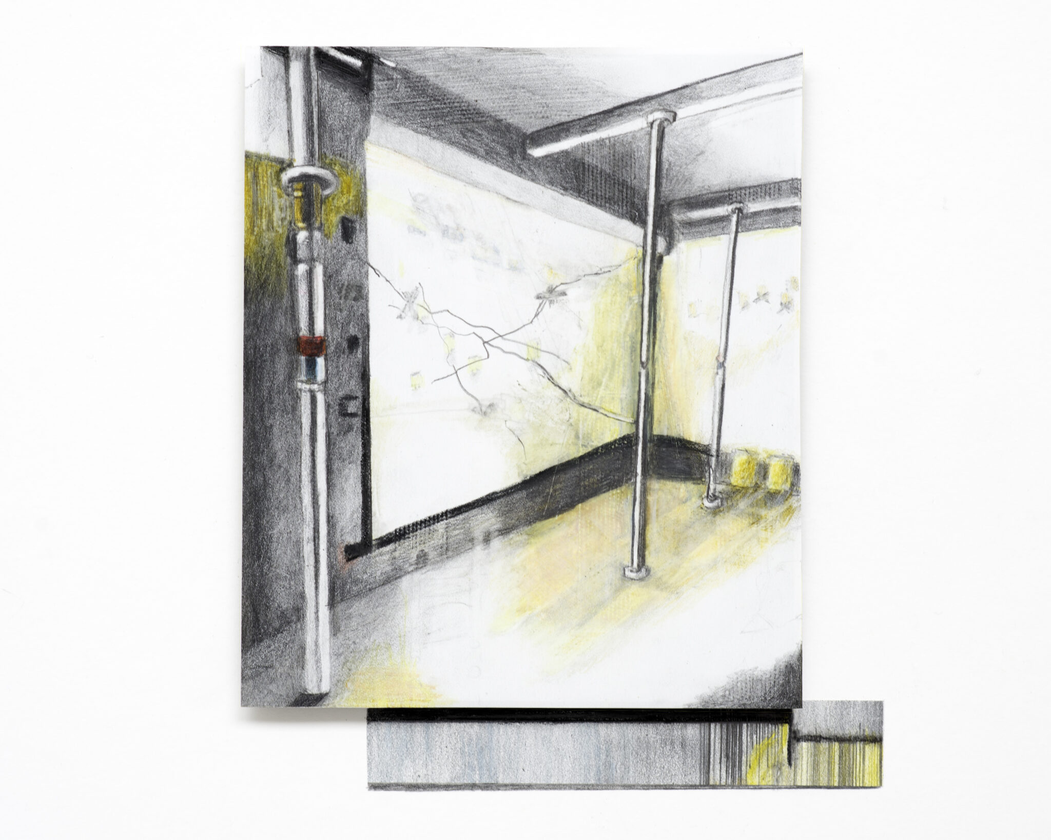 BASEMENT,  (colour)pencil, ink on stonepaper on foam on board, collage,17x15cm, 2026/2025