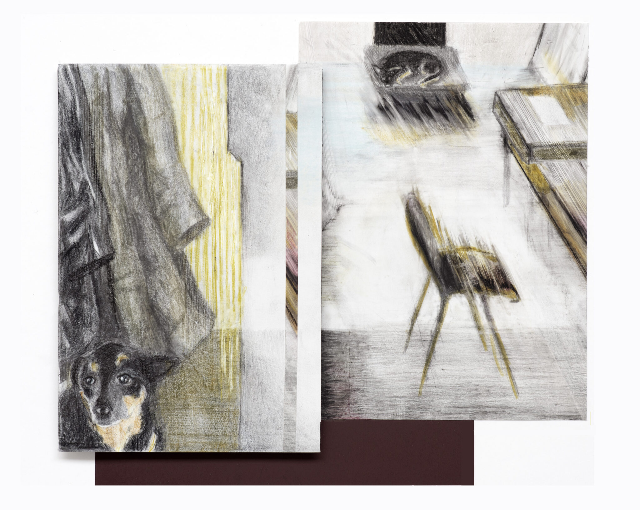 MAX TWICE,  (colour)pencil on stonepaper on foam on board, collage, 18x20cm , 2026