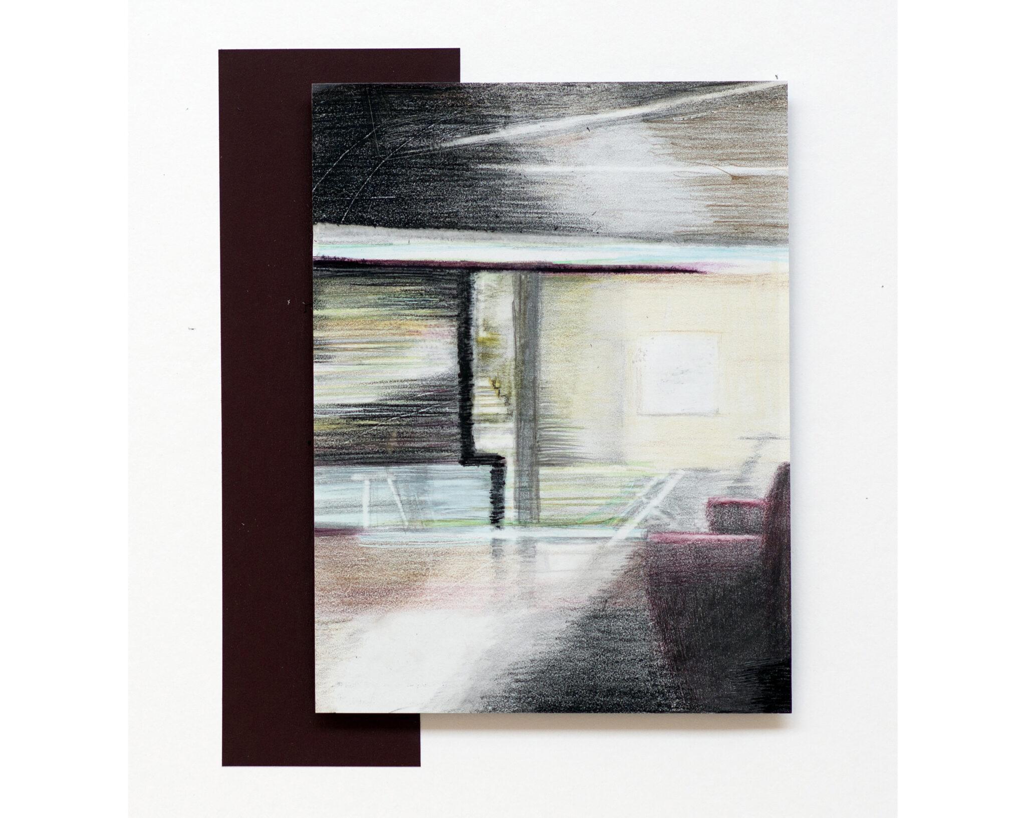 INDOOR LANDSCAPE 1, (colour)pencil on stoneppaer on foam on board, collage, 27x21 cm, 2026